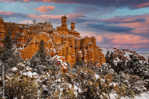 Murais de parede Early snow shows off the red rocks in Red Rock Canyon, near Bryce Canyon Nationa