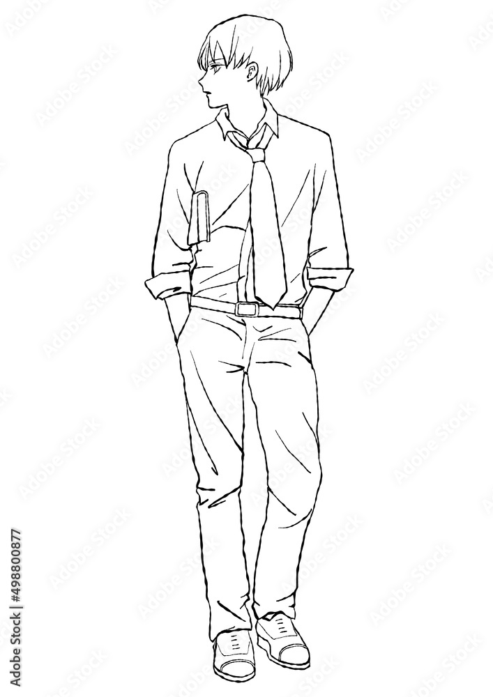 本を抱えて立っているフェミニンな男性の、マンガ風手描き水彩イラスト(線画) 本を抱えて立っているフェミニンな男性の、マンガ風手描き水彩イラスト(線画)