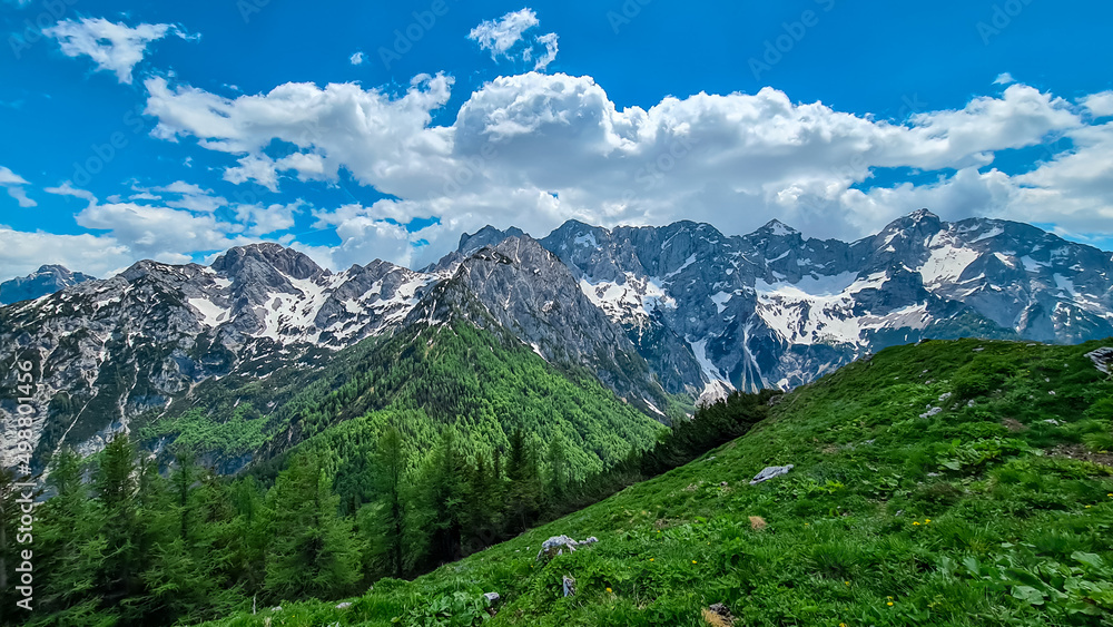 Panoramic view from the summit of Goli Vrh on rocky sharp mountains of Kamnik Savinja Alps in Carinthia, border Austria and Slovenia. Green spring meadow in Vellacher Kotschna. Mountaineering. Freedom