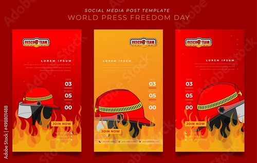 Set of social media post template in fire overflow background with firefighter helmet