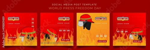 Set of social media post template in fire overflow background for firefighter day with helmet