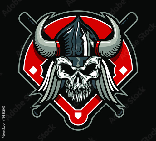 viking mascot skull and crossed bats on baseball diamond for school, college or league