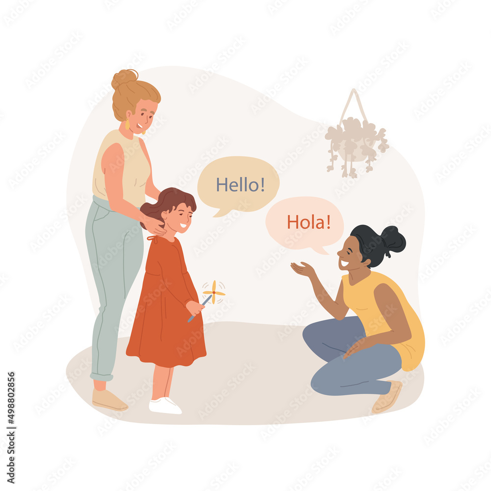 Say hello in foreign language isolated cartoon vector illustration. Children say hello, bilingual daycare center, immersion language program for kids, learning foreign language vector cartoon. Say hello in foreign language isolated cartoon vector illustration. Children say hello, bilingual daycare center, immersion language program for kids, learning foreign language vector cartoon.