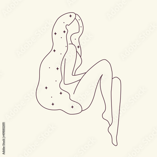 Logo in minimalistic linear style with beautiful esoteric female silhouette. For hairdressers, beauty salons, organic cosmetics, spas, prints, jewelry store.