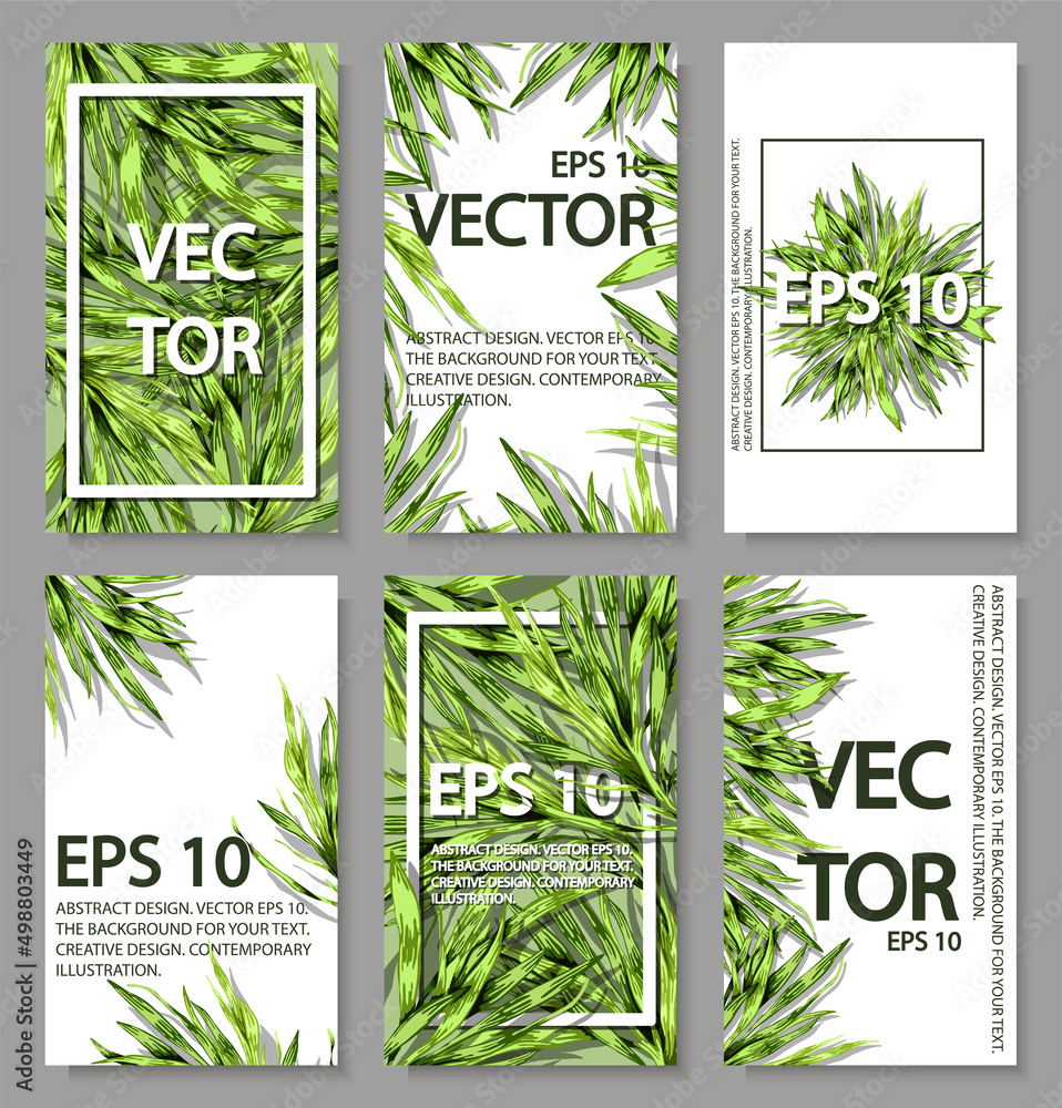 A colorful set of background images with grass and greenery. Bright, colorful hand drawing. 
Vector for menu, restaurant, food and kitchen design.