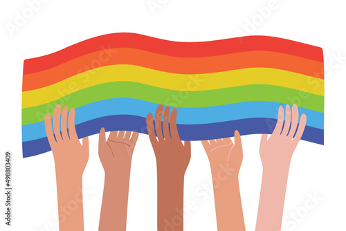 Hands and rainbow Pride flag. Variety of hands. LGBT concept. Hand-drawn Homosexual people. Equality and love protection.