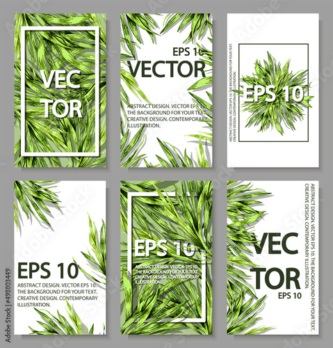 A colorful set of background images with grass and greenery. Bright, colorful hand drawing. 
Vector for menu, restaurant, food and kitchen design.
