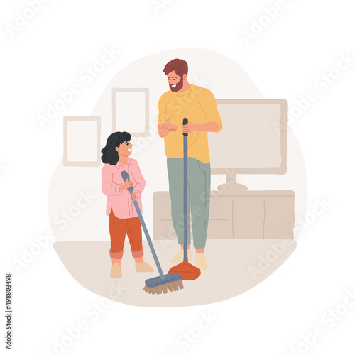 Sweeping up isolated cartoon vector illustration. Family members sweeping up the floor, cleaning living room together, children helping parents around the house, holding broom vector cartoon.