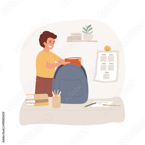 Packing a backpack isolated cartoon vector illustration. Kid packing school backpack, child puts books and textbooks in a schoolbag, family daily routine, get ready for the day vector cartoon.