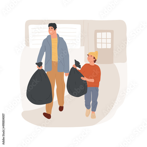 Take out the trash isolated cartoon vector illustration. Father and kid carrying trash bags, daily routine, family takes out the rubbish, doing housework together, cleaning home vector cartoon.