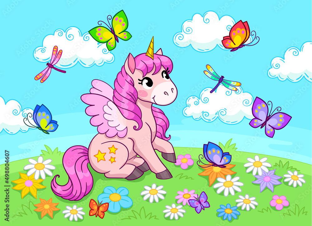 Fototapeta premium Pink pegasus on meadow with butterflies and flowers. Colorful vector illustration for kids
