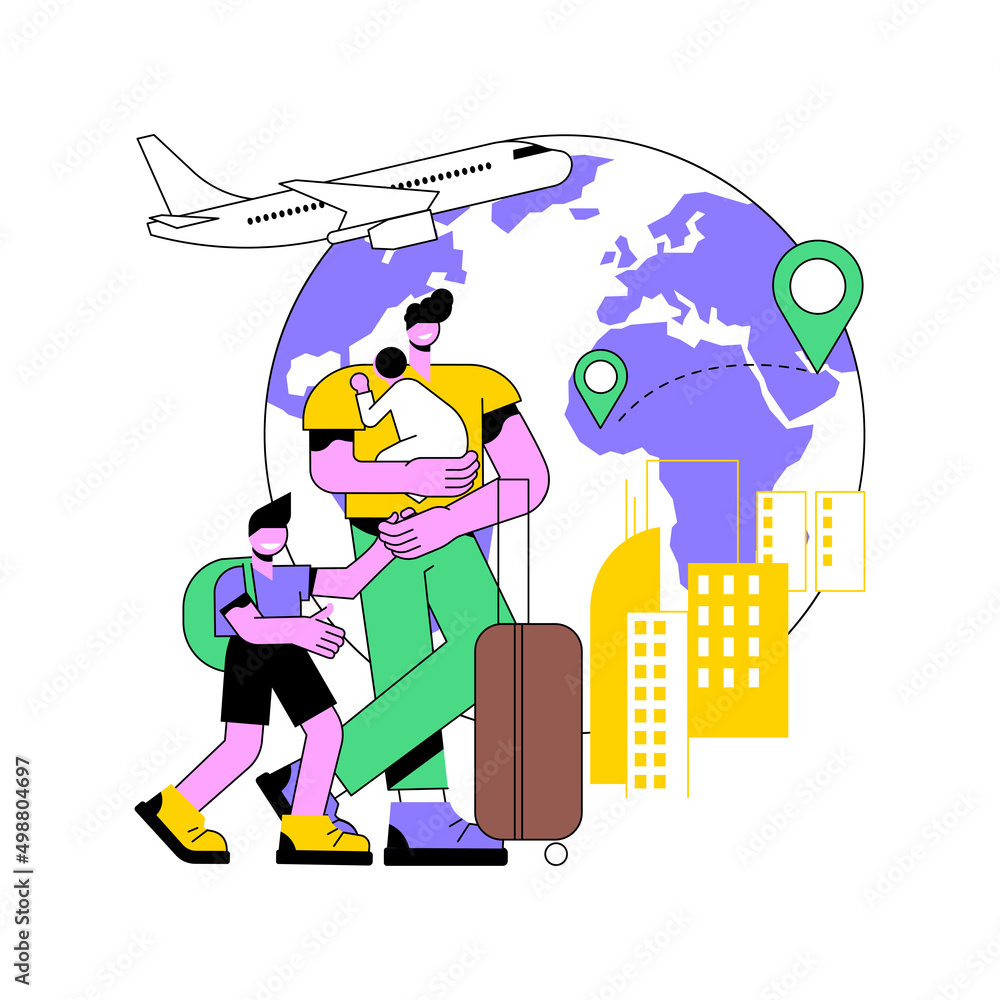 Immigration abstract concept vector illustration. International movement of people, residence permit, working visa, boarding control, sign documents, passport, green card abstract metaphor.