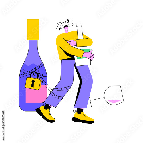 Alcoholism abstract concept vector illustration. Alcohol use disorder, drinking problem control, addiction, sitting at bar, empty vodka bottles, drunk man, liquor store abstract metaphor.