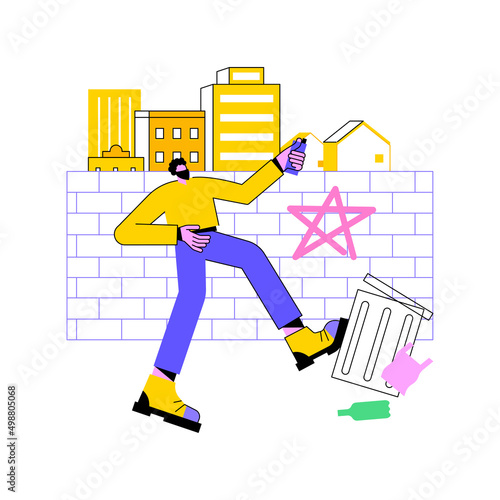Vandalism abstract concept vector illustration. Destruction and damage, public or private property, political vandalism, violence and looting, building walls graffiti abstract metaphor.
