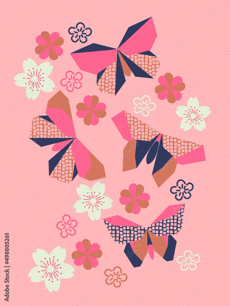 Vector print design for kids with geometric butterflies and flowers theme. Can be used for baby, kid, t-shirt print, kids clothing, poster, wallpaper, celebration, greeting card and invitation.