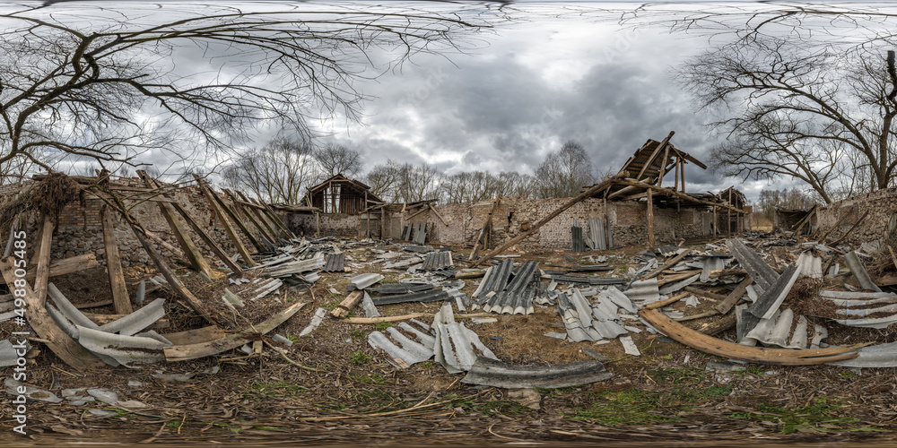abandoned ruined wooden decaying hangar barn aftermath of bombing in full seamless spherical hdri 360 panorama view in equirectangular projection, ready for VR virtual reality content