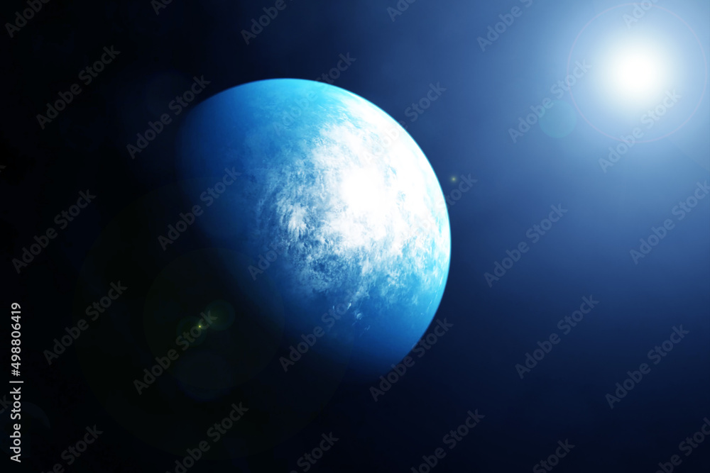 Blue exoplanet, on a dark background. Elements of this image furnished by NASA Blue exoplanet, on a dark background. Elements of this image furnished by NASA