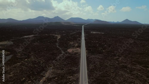 Drone point of view Timanfaya National Park rocky volcanic natural landscape. Canary Islands, Lanzarote, Spain. Travel destinations and touristic famous places concept