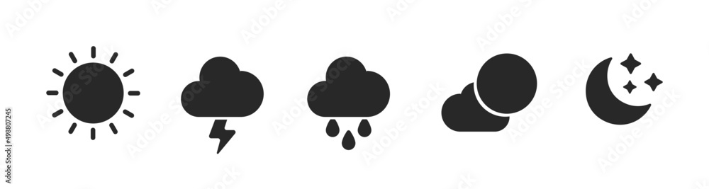 Weather icons set black flat style, Weather isolated on white background. Clouds logo and sign, vector illustration. Moon icon and symbol. Weather icons set black flat style, Weather isolated on white background. Clouds logo and sign, vector illustration. Moon icon and symbol.