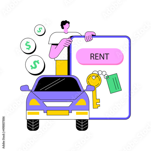 Rental car service abstract concept vector illustration. Online car booking, free mileage, full insurance, summer vacation, remote reservation, local dealer, key lock, driving abstract metaphor.