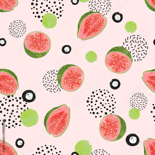 Seamless abstract guava pattern. Vector watercolor exotic fruit background.