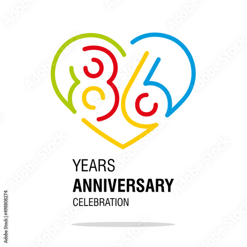 86 years anniversary celebration decoration colorful number bounded by a loving heart modern love line design logo icon white background