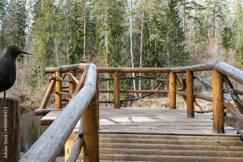 wooden viewing platform by the river. nature park Salaca