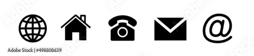 Website icons. Business card icons. Phone, globe, envelope, address, home, at sign. Black vector icons isolated on white background. Vector clipart.