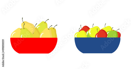 Blue plate with apples. Red plate with pears. Vector illustration