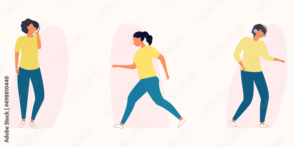 Lifestyle set of a young woman walking down the street. flat vector. The girl runs, speaks on the phone, dances in headphones. She is dressed in blue and yellow. sportswear.