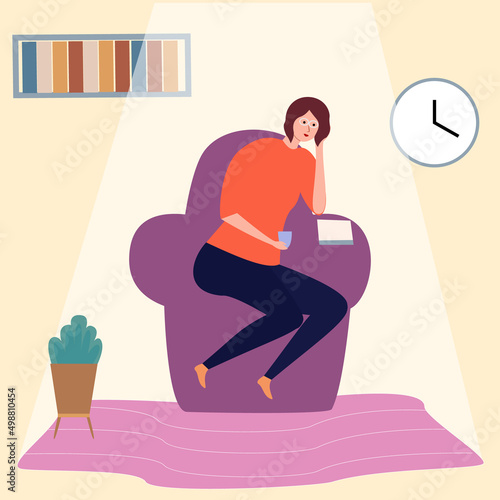a girl reads a book on an armchair in her room. Flat vector. Home schooling. leisure. lifestyle and hobby. a young woman dressed in modern multi-colored clothes is resting near a plant. © YULIIA