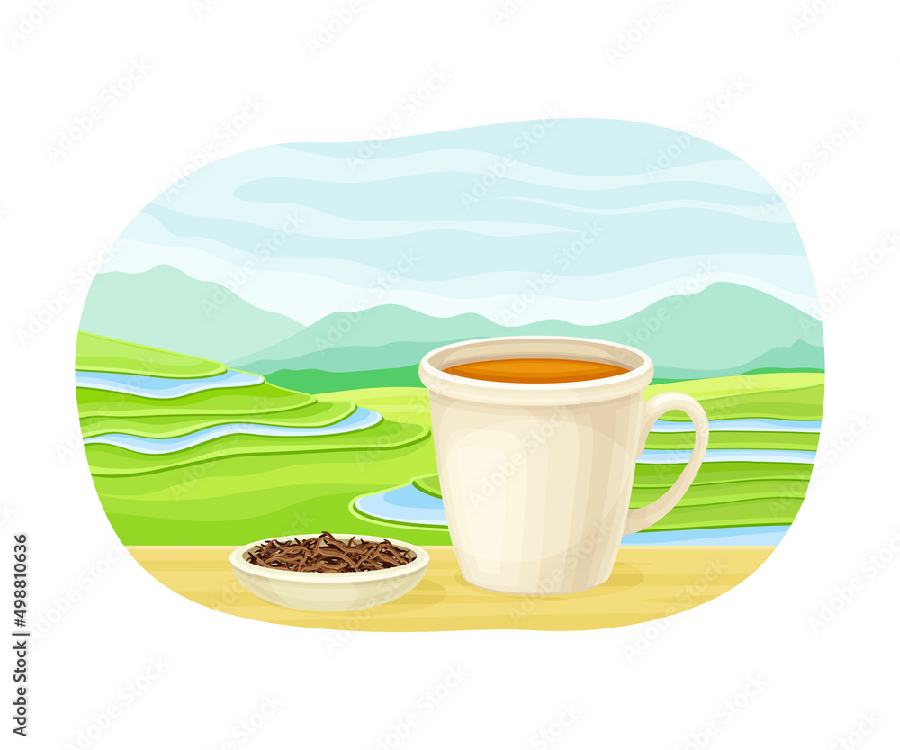 Obraz premium Tea Green Terrace Field Plantation and Ceramic Mug with Hot Aromatic Beverage Brewing Vector Illustration
