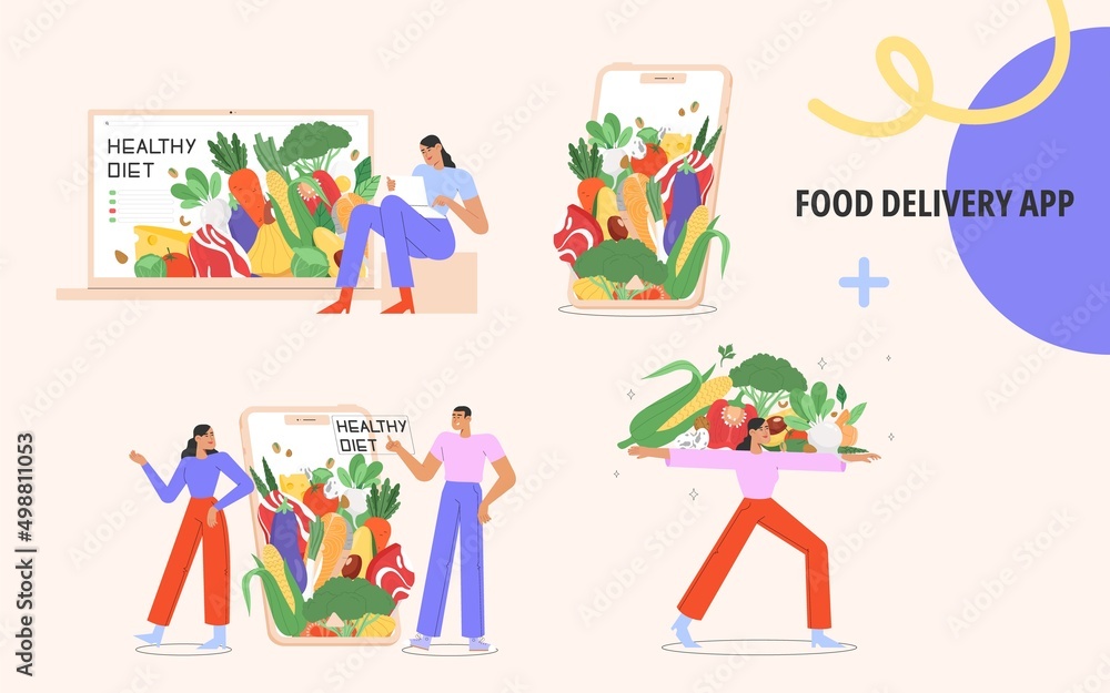 Fototapeta premium Set of people order food online via mobile app. Concept of healthy food. Modern flat vector illustration.