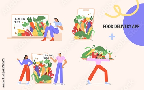 Set of people order food online via mobile app. Concept of healthy food. Modern flat vector illustration.