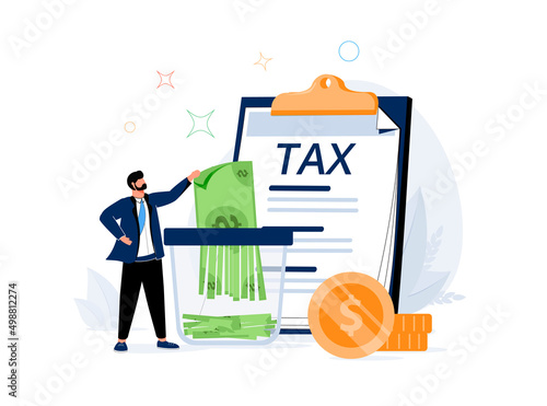 Employee holding scissors to cut banknotes. Reduction of income due to tax deduction for tiny woman flat vector.