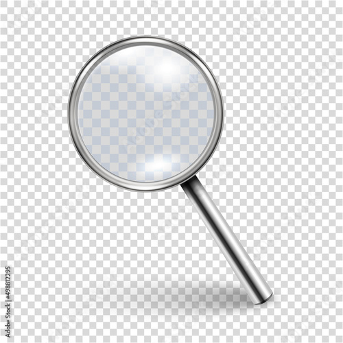 Vector 3d Metal Realistic Magnifying Glass or Loup Icon Closeup Isolated on Transparent Background. Design Template of Magnifying Glass Icon for Graphics. Front View