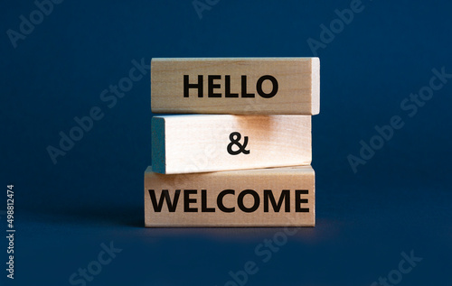 Hello and welcome symbol. Concept words Hello and welcome on wooden blocks. Beautiful grey background. Business hello and welcome concept. Copy space. photo