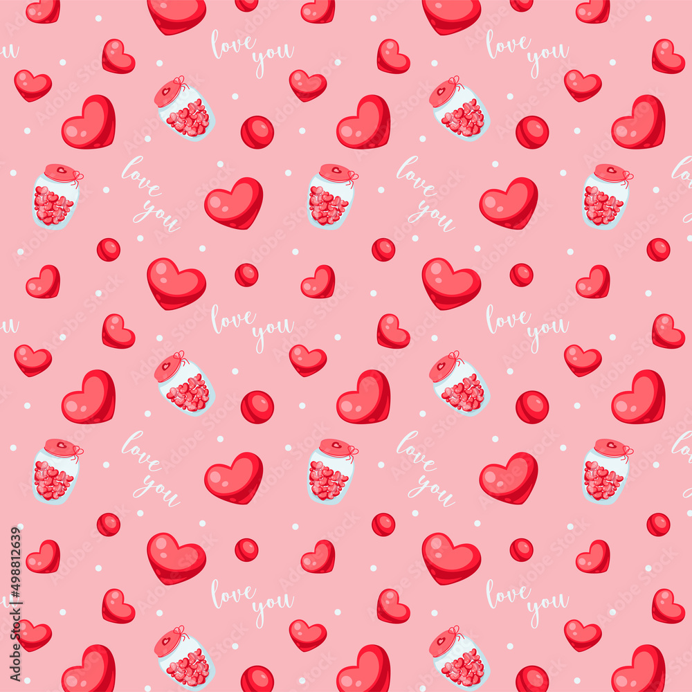 Seamless pattern of red hearts dots and jars with hearts on a pink background. Valentines Day Seamless pattern of red hearts dots and jars with hearts on a pink background. Valentines Day