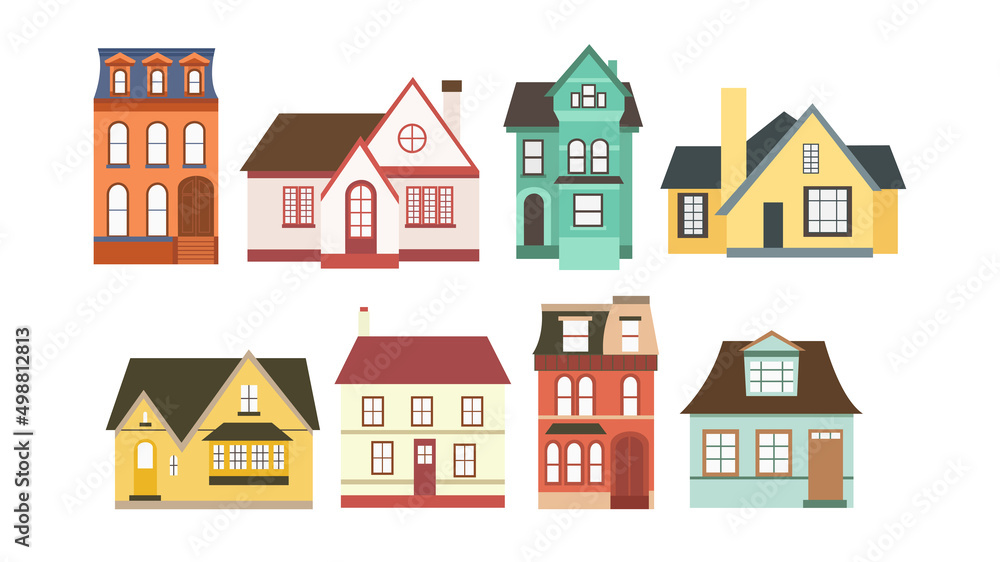 Set of houses in cartoon style. Vector illustration of city and country house, townhouse and cottage with front view on white background.