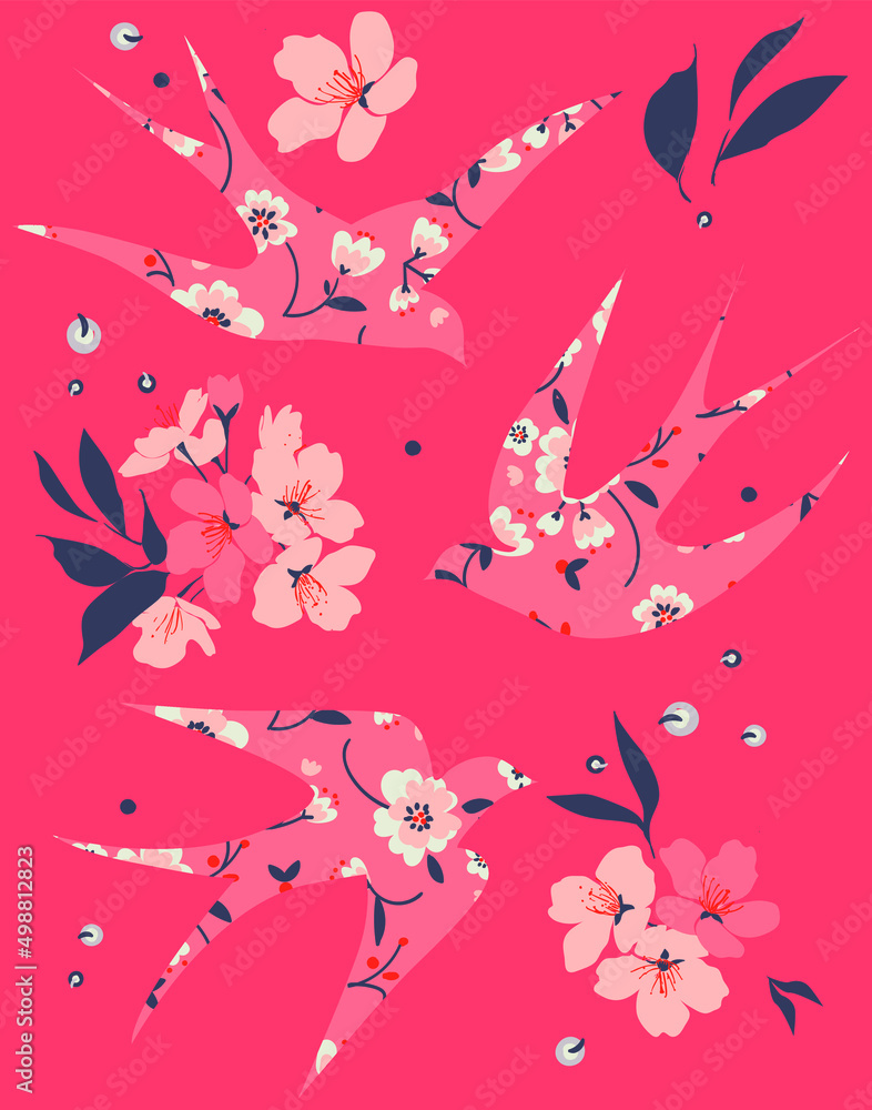 Vector print design with flowers and swallows theme. Can be used for kid, t-shirt print, kids wear, poster, wallpaper, celebration, greeting card and invitation.