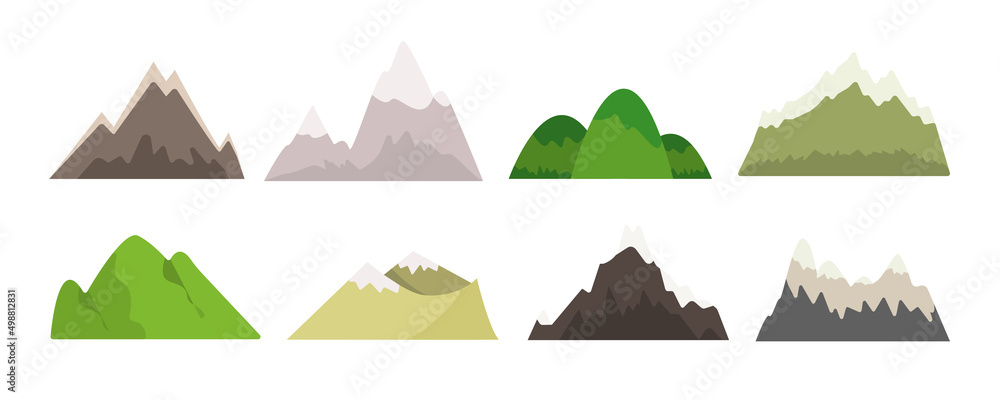 Set of mountains in cartoon style. Vector illustration of adventure, tourism, climbing, landscape, camping and hiking on white background.