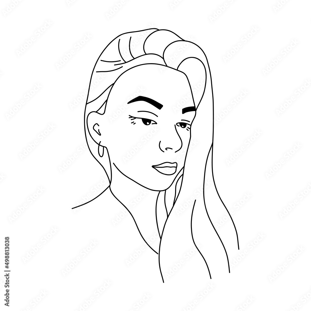 Beautiful pensive girl in a linear style looking down. Hair on one side