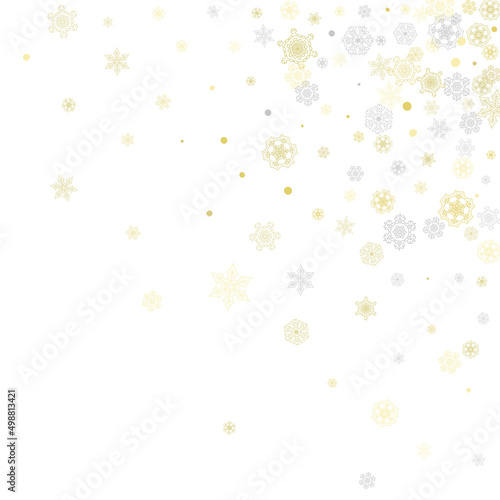 Gold snowflakes frame on white background. New year theme. Stylish shiny Christmas frame for holiday banner, card, sales, special offers. Falling snow with gold snowflakes and glitter for party invite