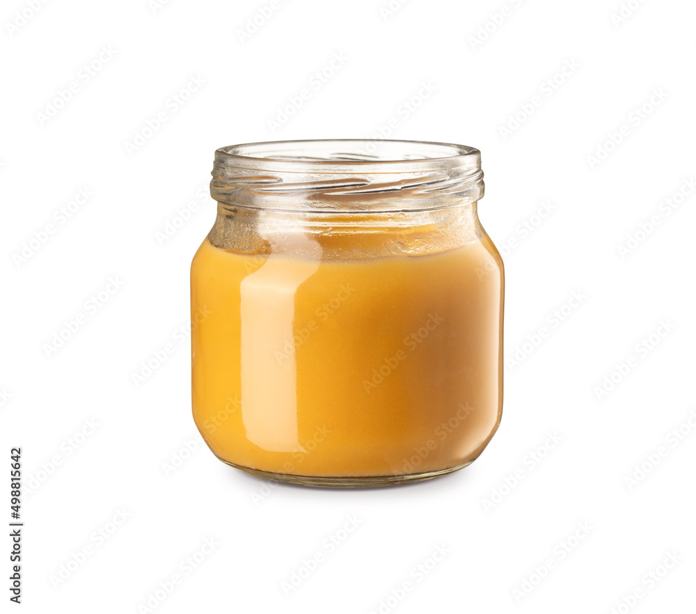 Front view of fruit baby puree jar isolated on white background Front view of fruit baby puree jar isolated on white background