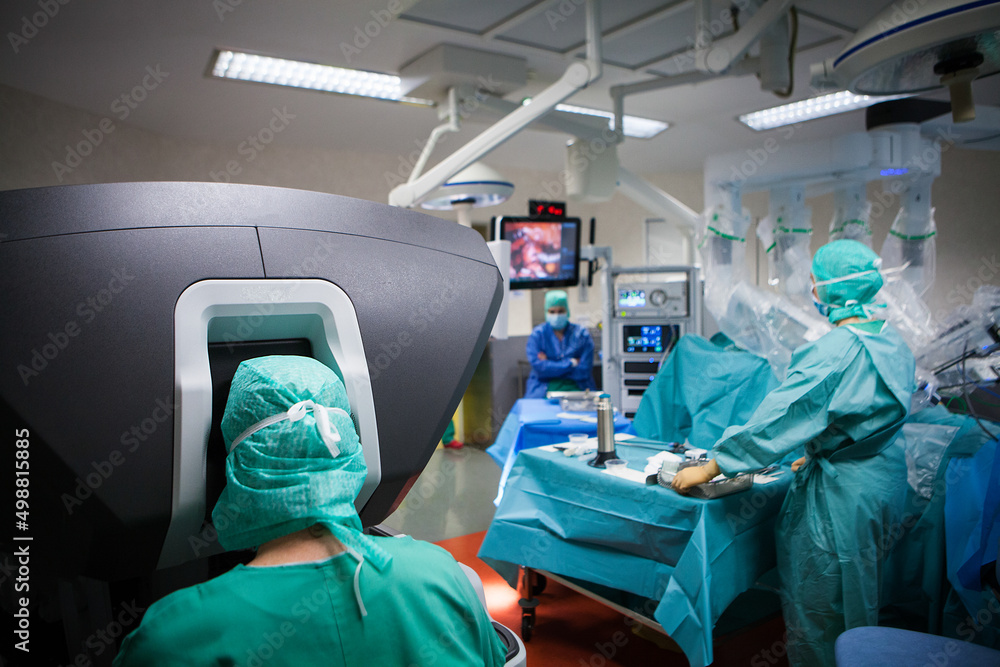 Robotic surgery in the operating room during a hysterectomy. - obrazy, fototapety, plakaty 