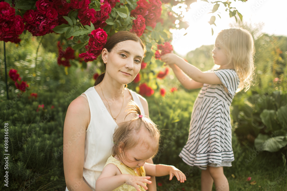 mother hugs her daughter, relax, collect a bouquet of roses