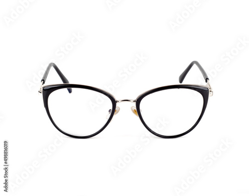 Front photo of glasses with a black plastic frame and a metal bridge on a white background.