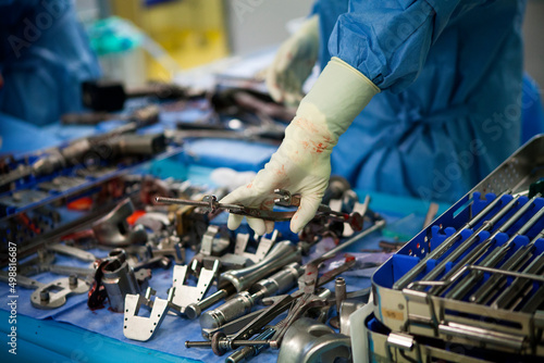 Surgical instruments in an orthopedic surgery operating theater.