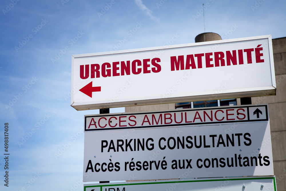 Maternity emergency sign in hospital center of France. Maternity emergency sign in hospital center of France.