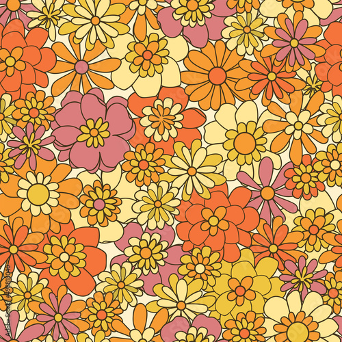 Boho vector background. Floral vintage seamless pattern. Hippie flower power retro textile print. Groovy botanical wallpaper